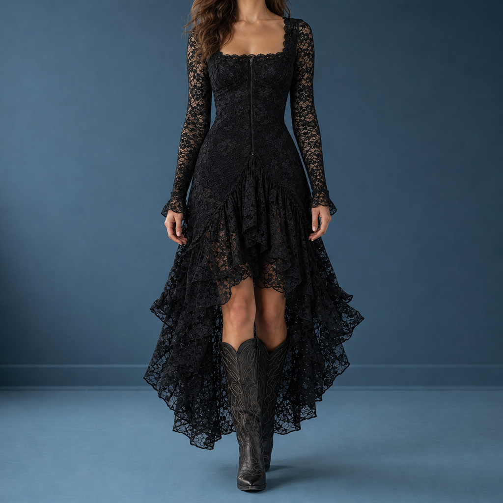 Santander Lace High-Low Dress in Black