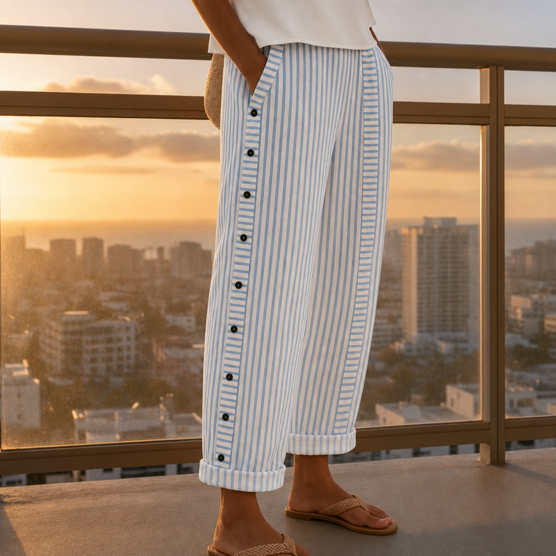 Serifos Striped Button Wide-Leg Pants in Blue