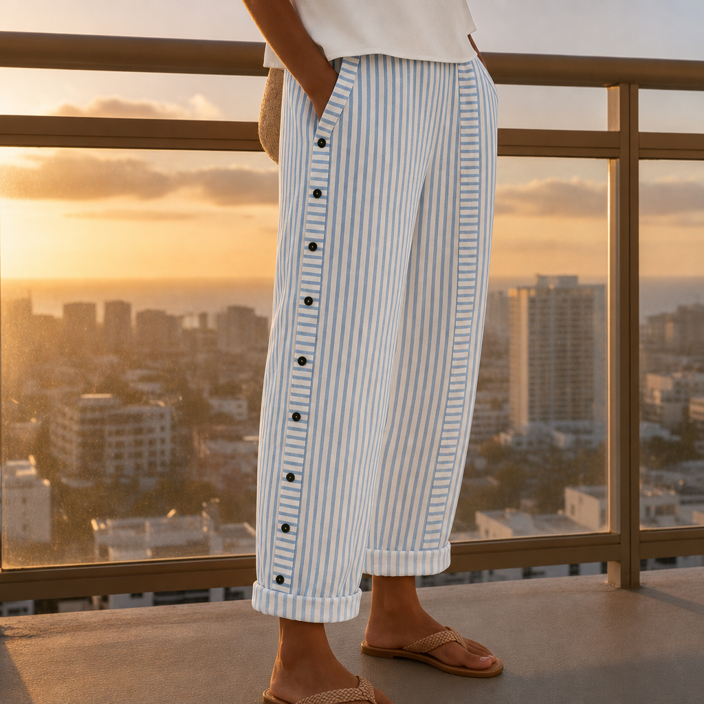 Serifos Striped Button Wide-Leg Pants in Blue