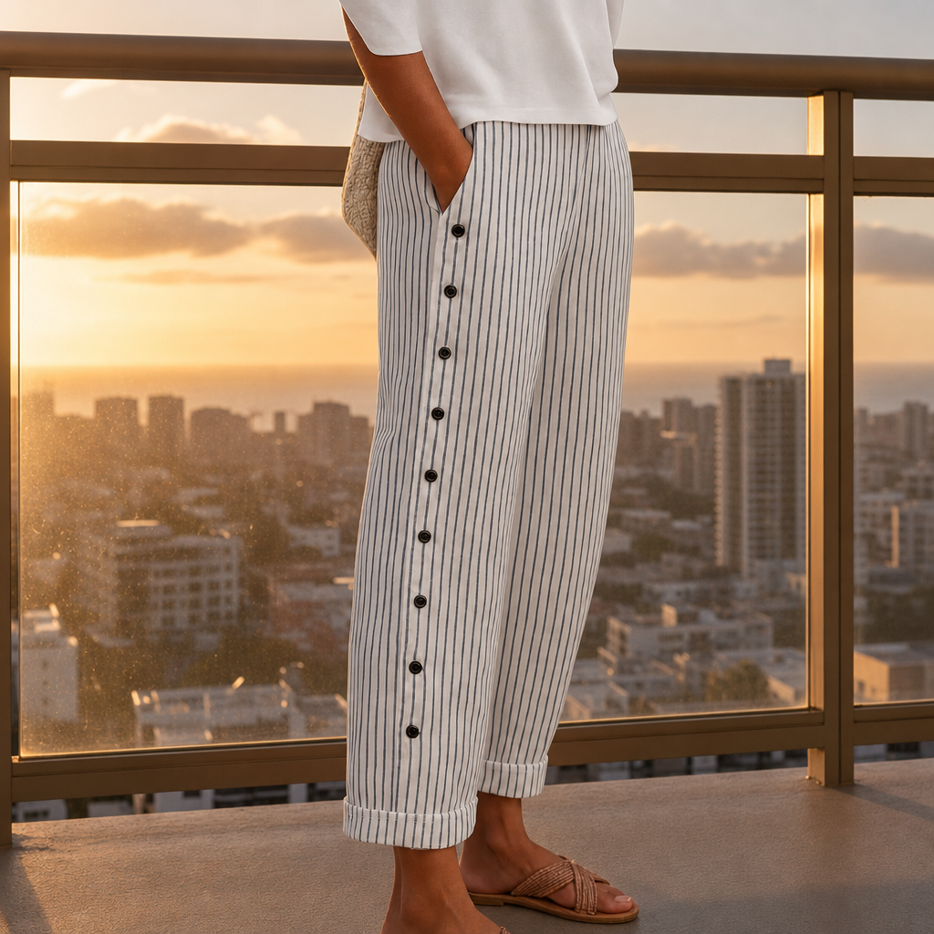 Serifos Striped Button Wide-Leg Pants in Grey