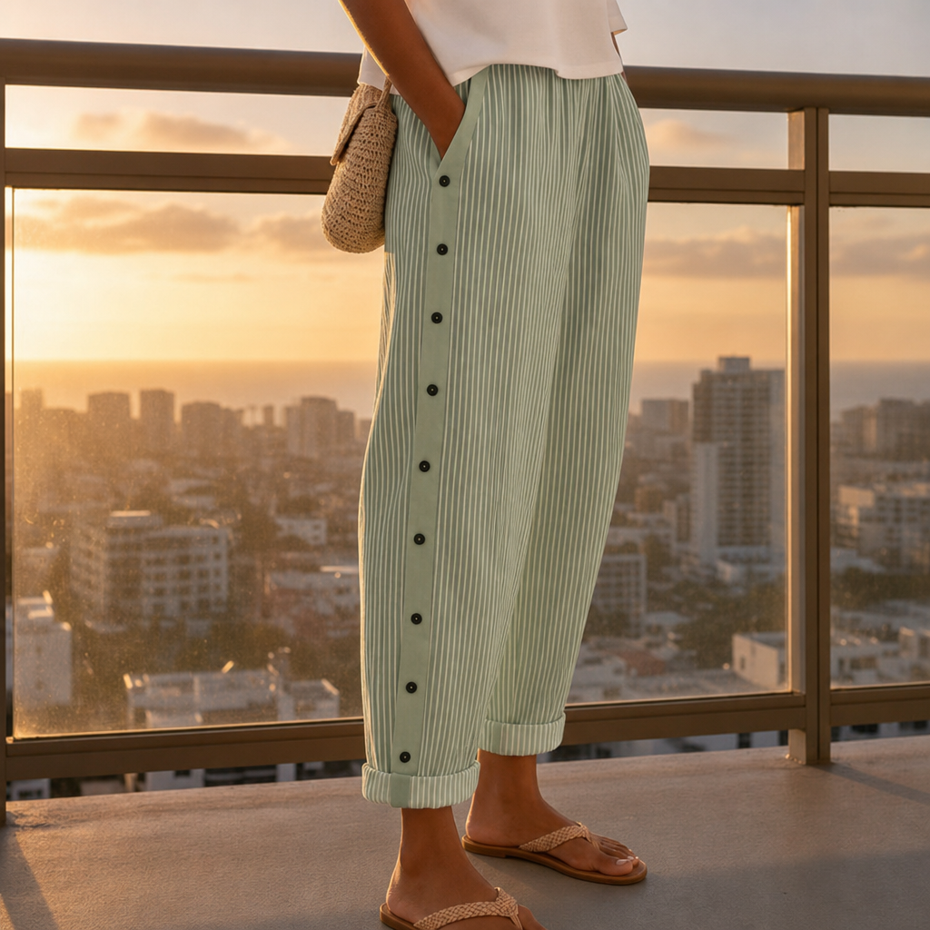 Serifos Striped Button Wide-Leg Pants in Green