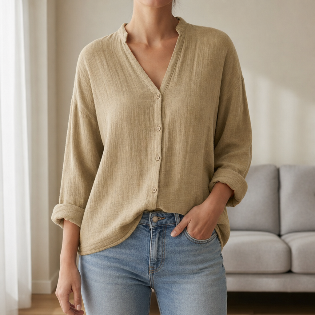 Sete Linen Button-Up Blouse in Khaki