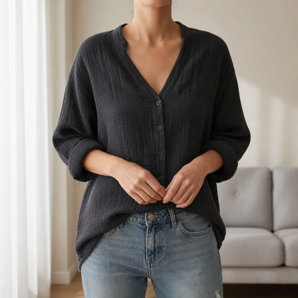 Sete Linen Button-Up Blouse in Black
