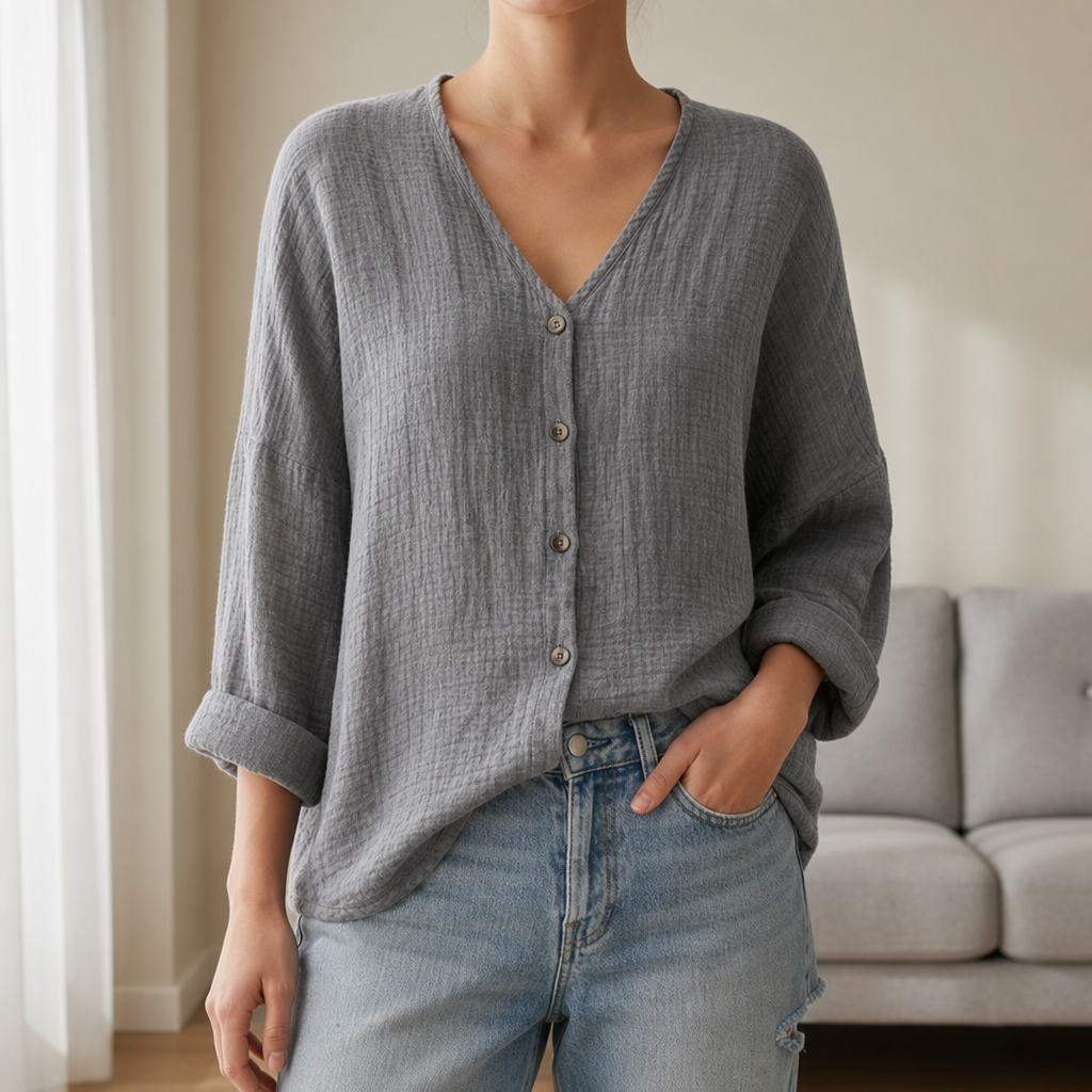 Sete Linen Button-Up Blouse in Grey