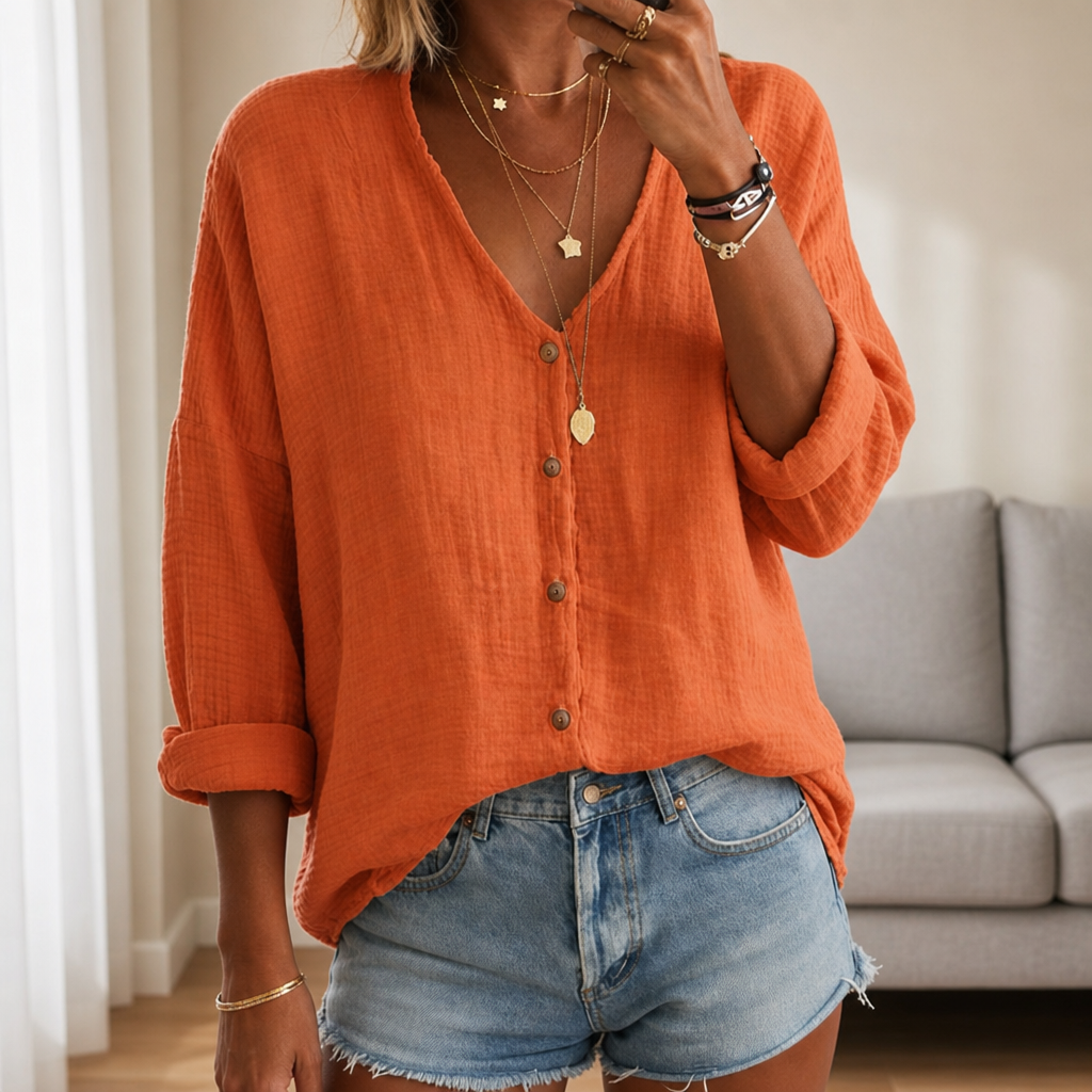 Sete Linen Button-Up Blouse in Orange