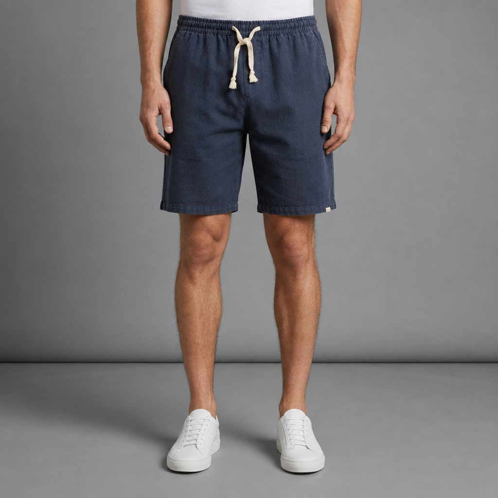 Sete Linen Cotton Drawstring Shorts in Navy Blue