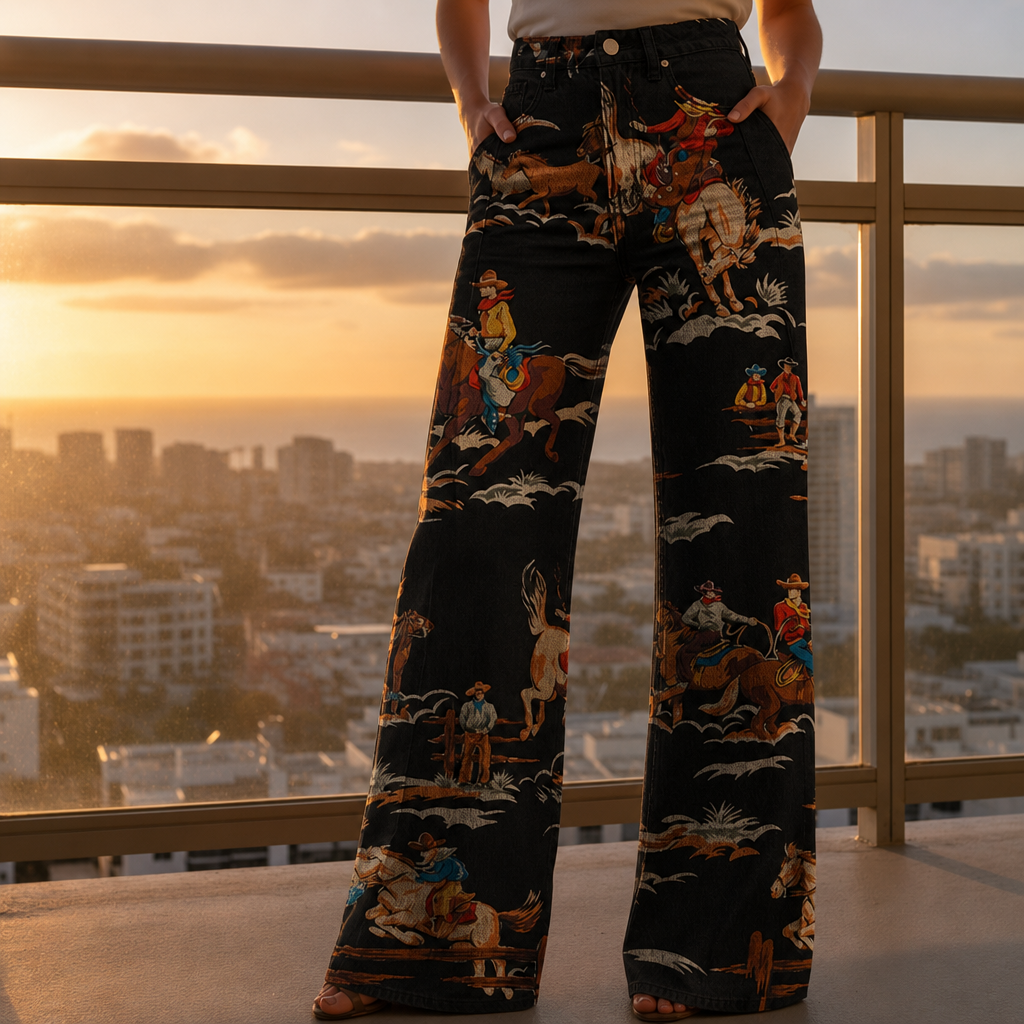 Sibenik Western Print Wide-Leg Pants in Black
