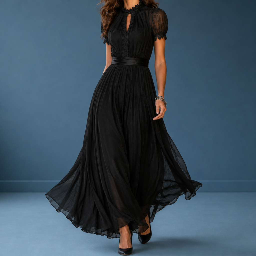 Skiathos Lace Trim Maxi Dress in Black