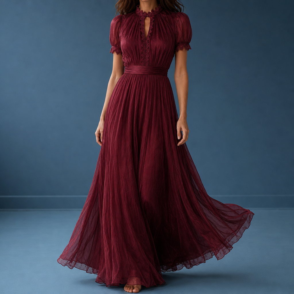 Skiathos Lace Trim Maxi Dress in Burgundy