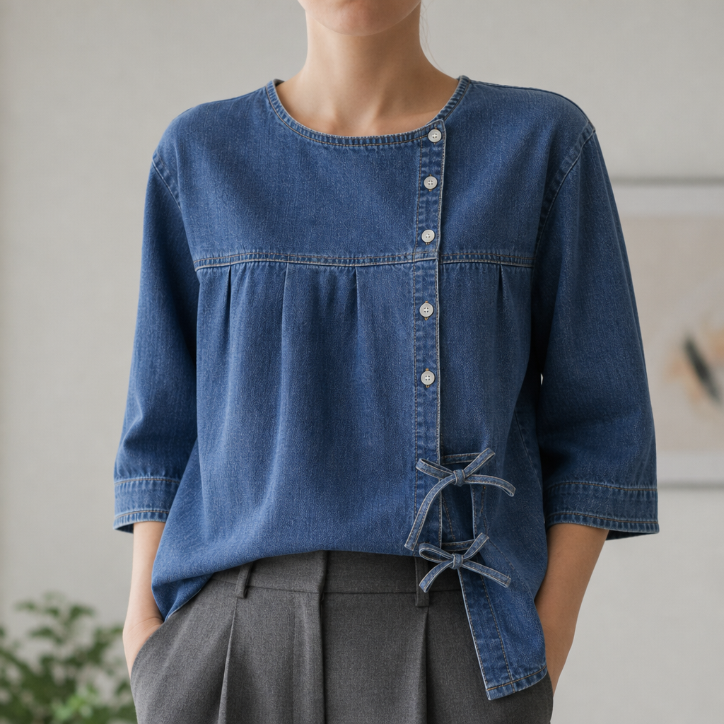 Soller Denim Bow Blouse in Blue