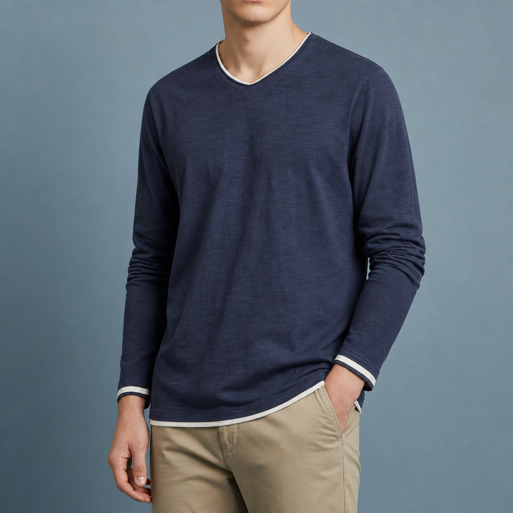 Ston Contrast Trim V-Neck Tee in Navy Blue