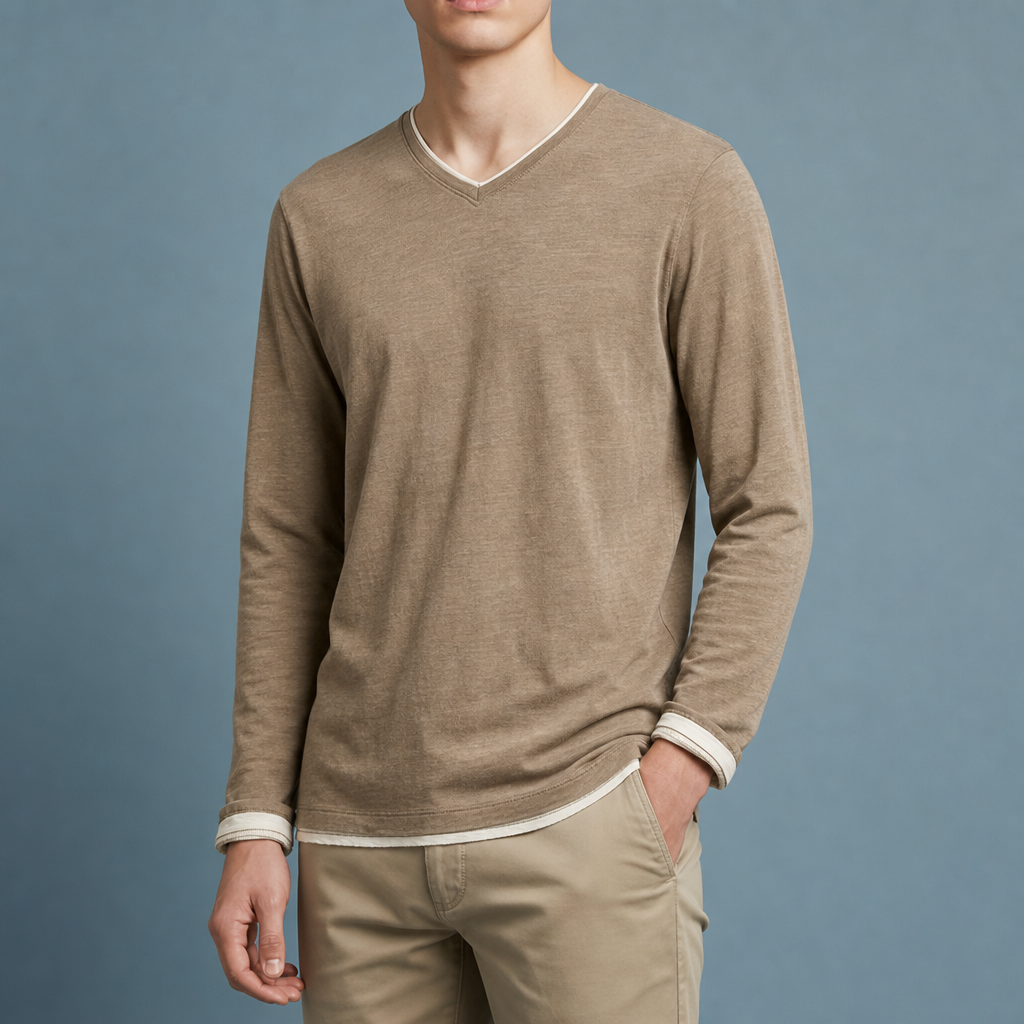 Ston Contrast Trim V-Neck Tee in Brown