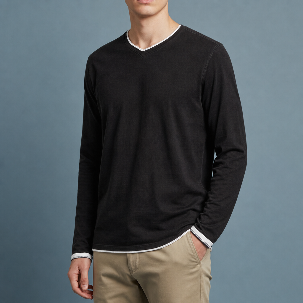 Ston Contrast Trim V-Neck Tee in Black