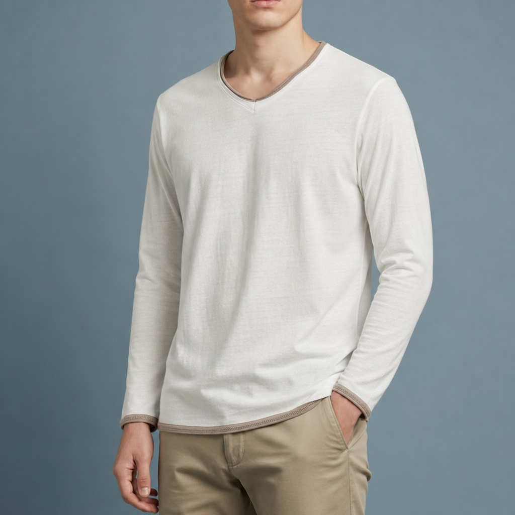 Ston Contrast Trim V-Neck Tee in White