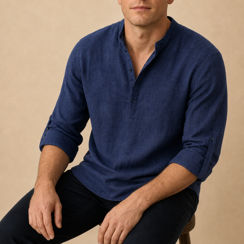 Stresa Linen Henley Shirt in Dark Blue