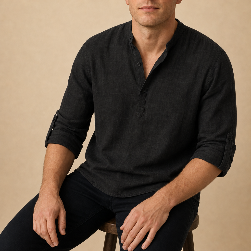 Stresa Linen Henley Shirt in Black