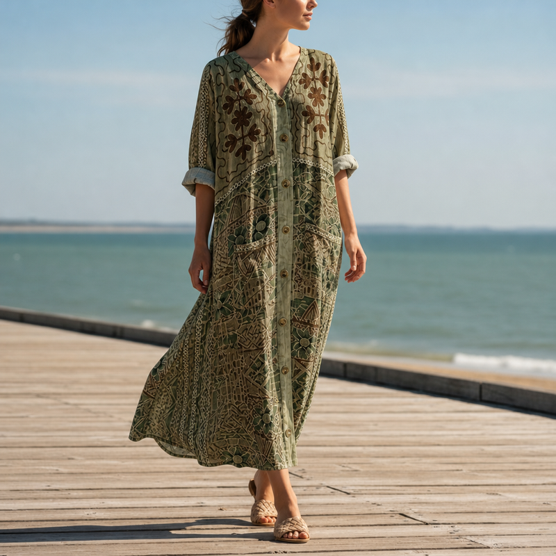 Tarifa Embroidered Oversized Midi Dress in Green