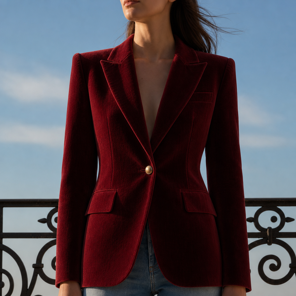 Thassos Fitted Velvet Blazer in Red