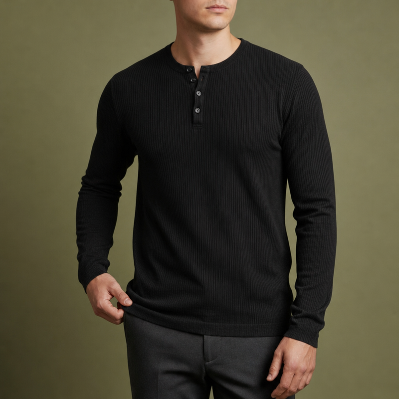 Toledo Ribbed Henley Shirt in Black