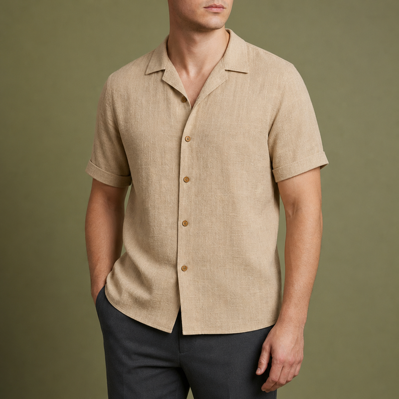 Trento Linen Camp Collar Shirt in Sand Beige