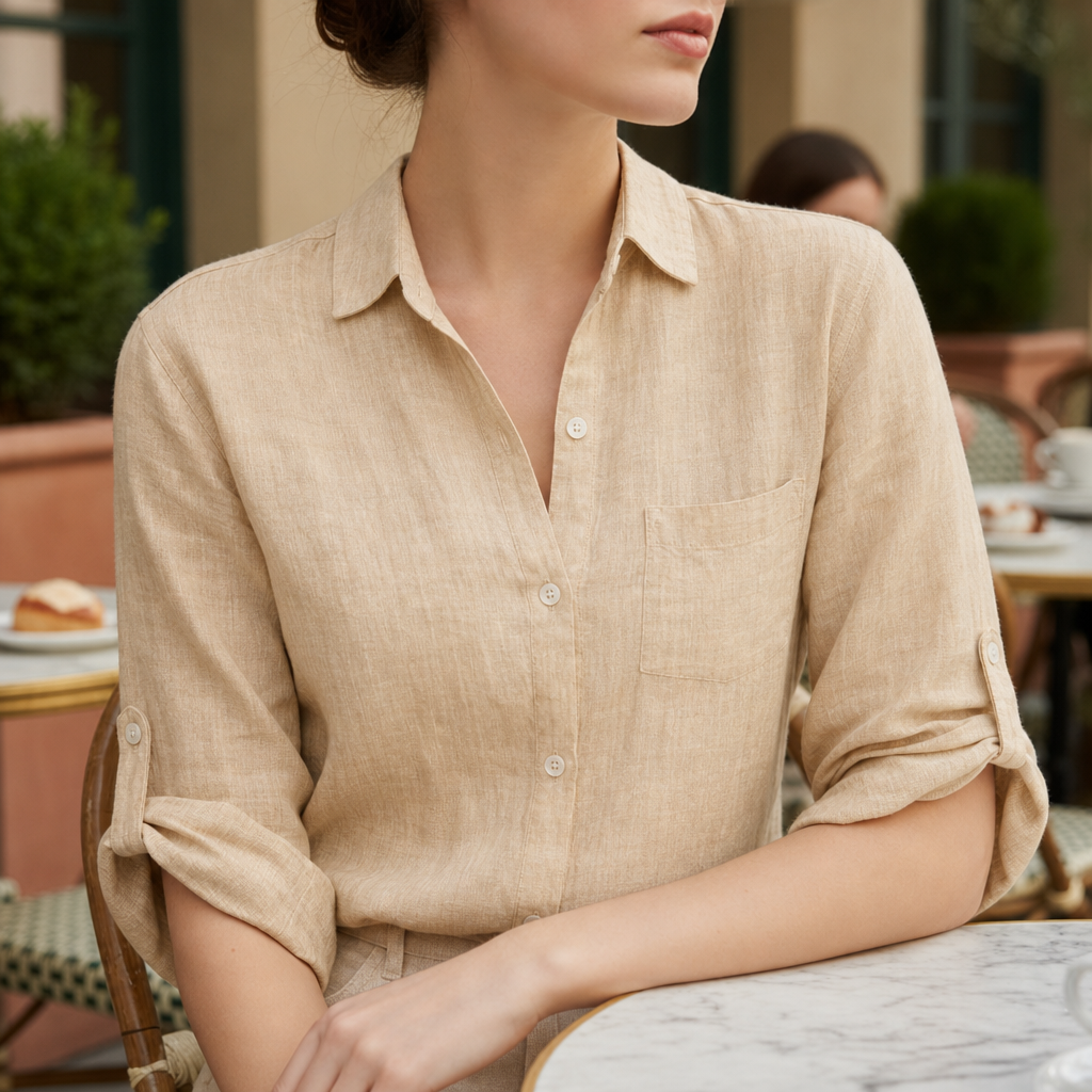 Urbino Relaxed Linen Button-Up Shirt in Light Brown