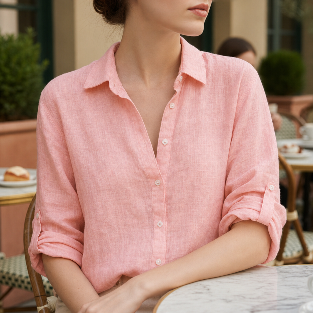 Urbino Relaxed Linen Button-Up Shirt in Pink