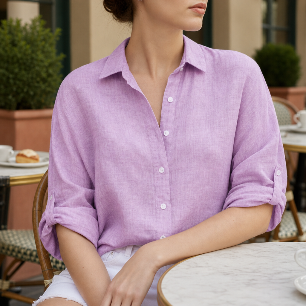 Urbino Relaxed Linen Button-Up Shirt in Purple