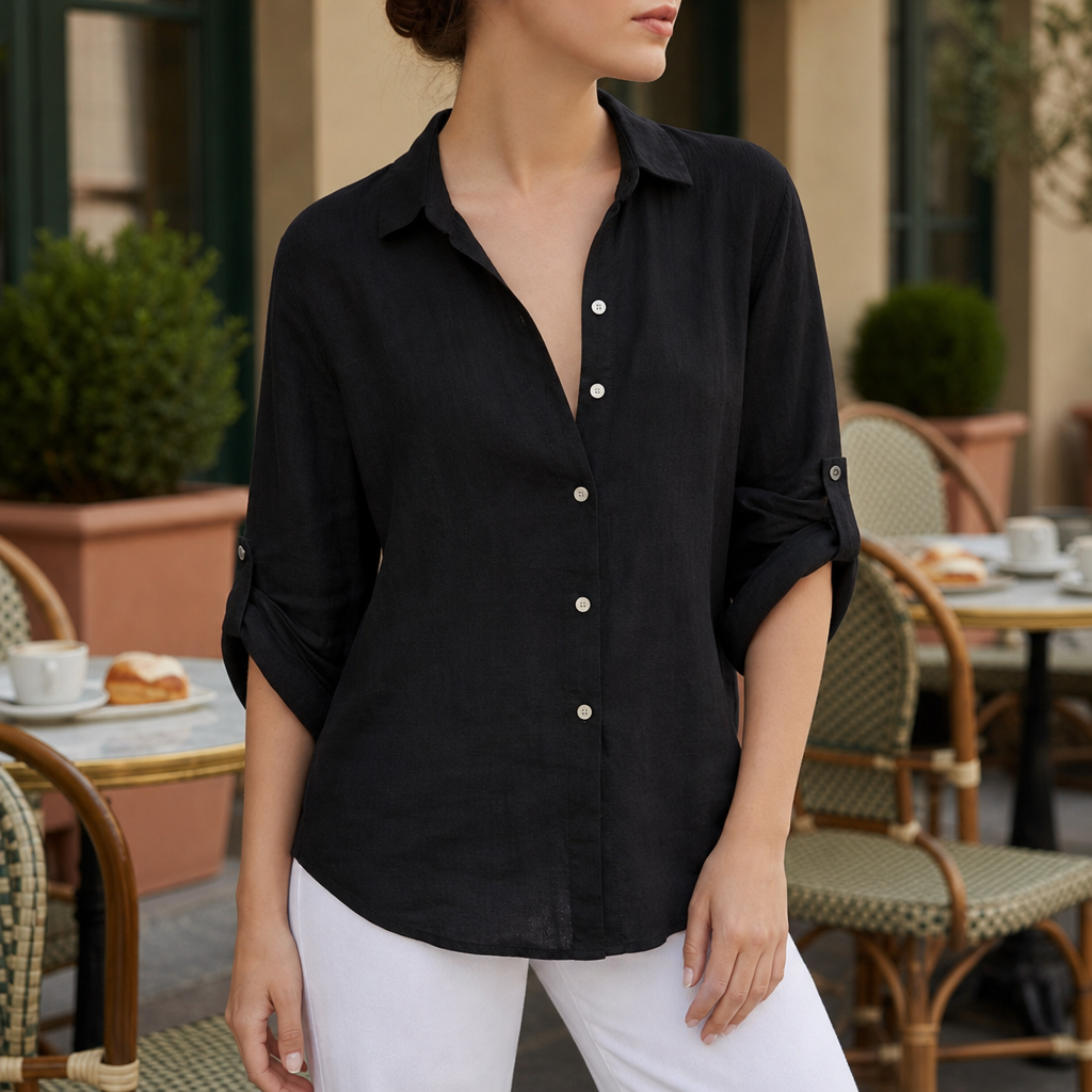Urbino Relaxed Linen Button-Up Shirt in Black
