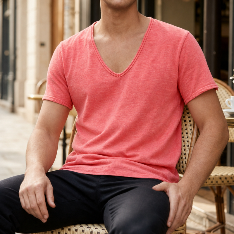 Uzes Deep V-Neck Tee in Red