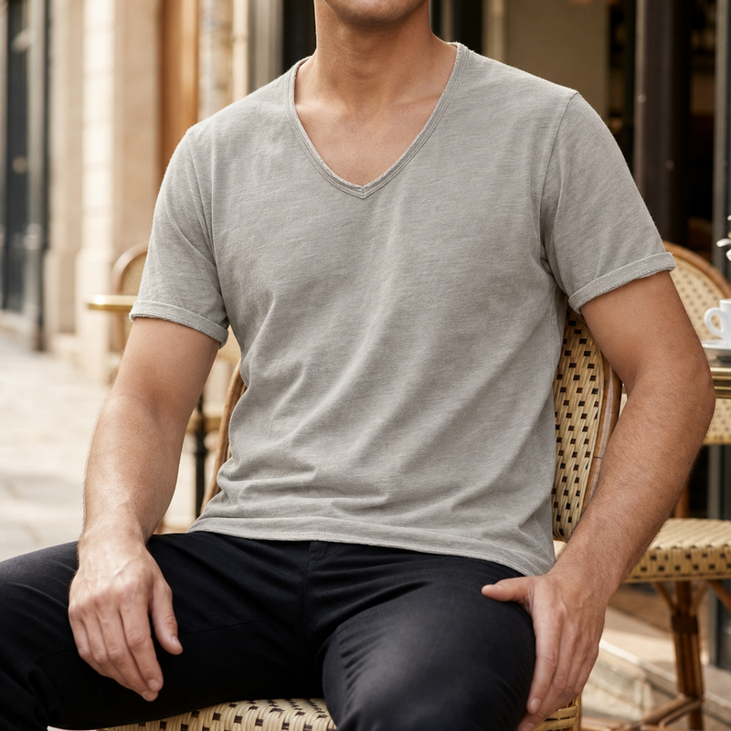 Uzes Deep V-Neck Tee in Gray