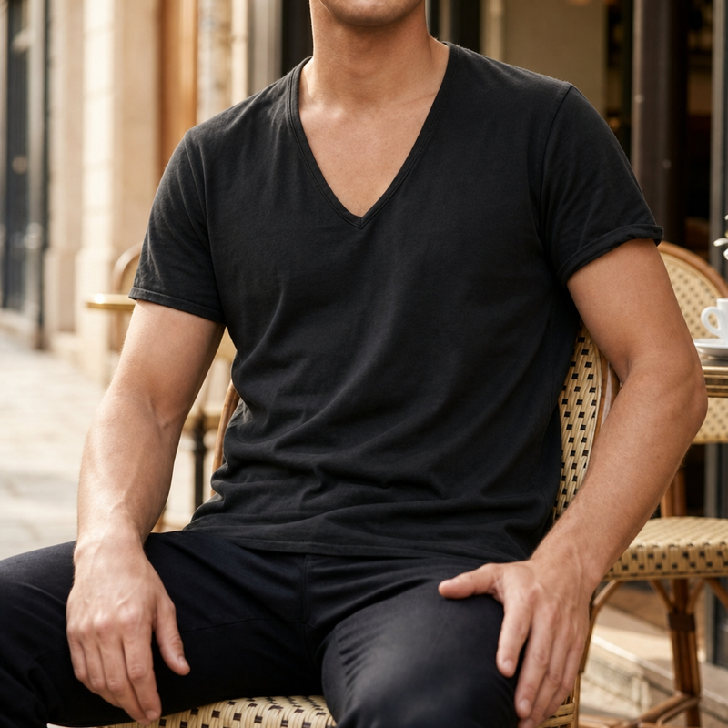 Uzes Deep V-Neck Tee in Black
