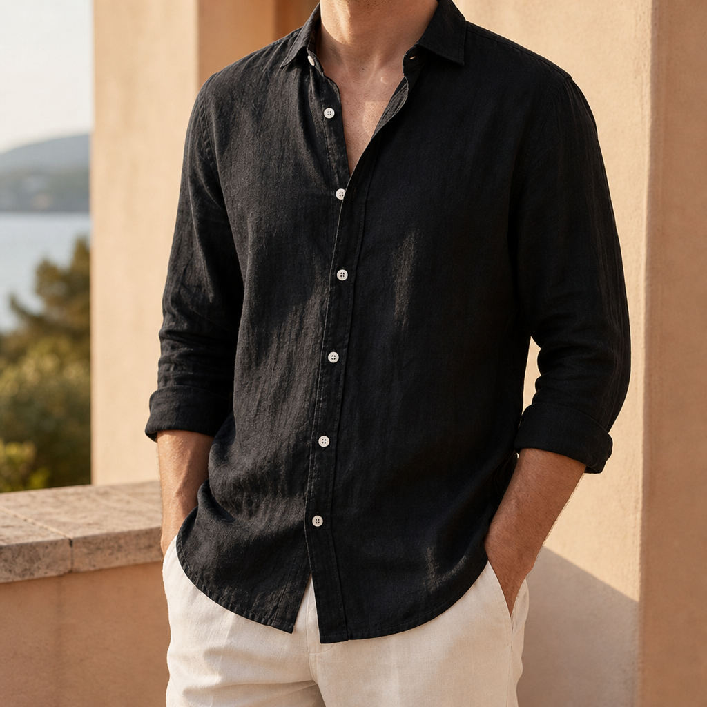 Viana Linen Button-Up Shirt in Black