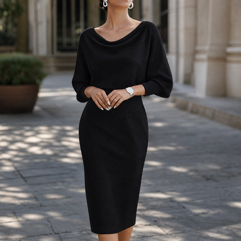 Volterra Draped Knit Midi Dress in Black