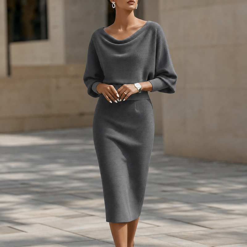 Volterra Draped Knit Midi Dress in Gray