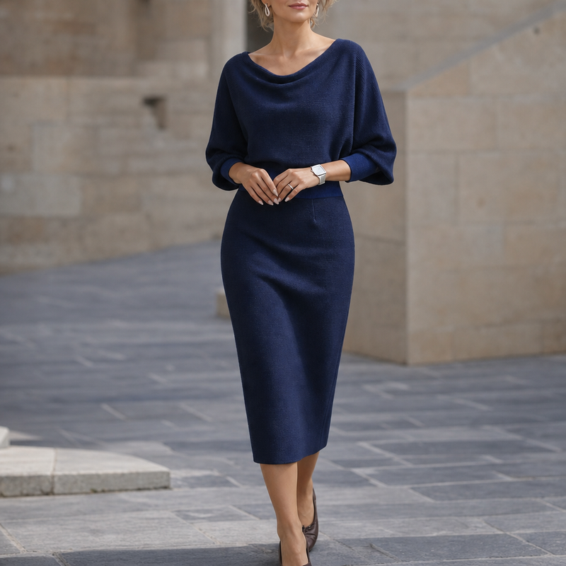 Volterra Draped Knit Midi Dress in Navy Blue