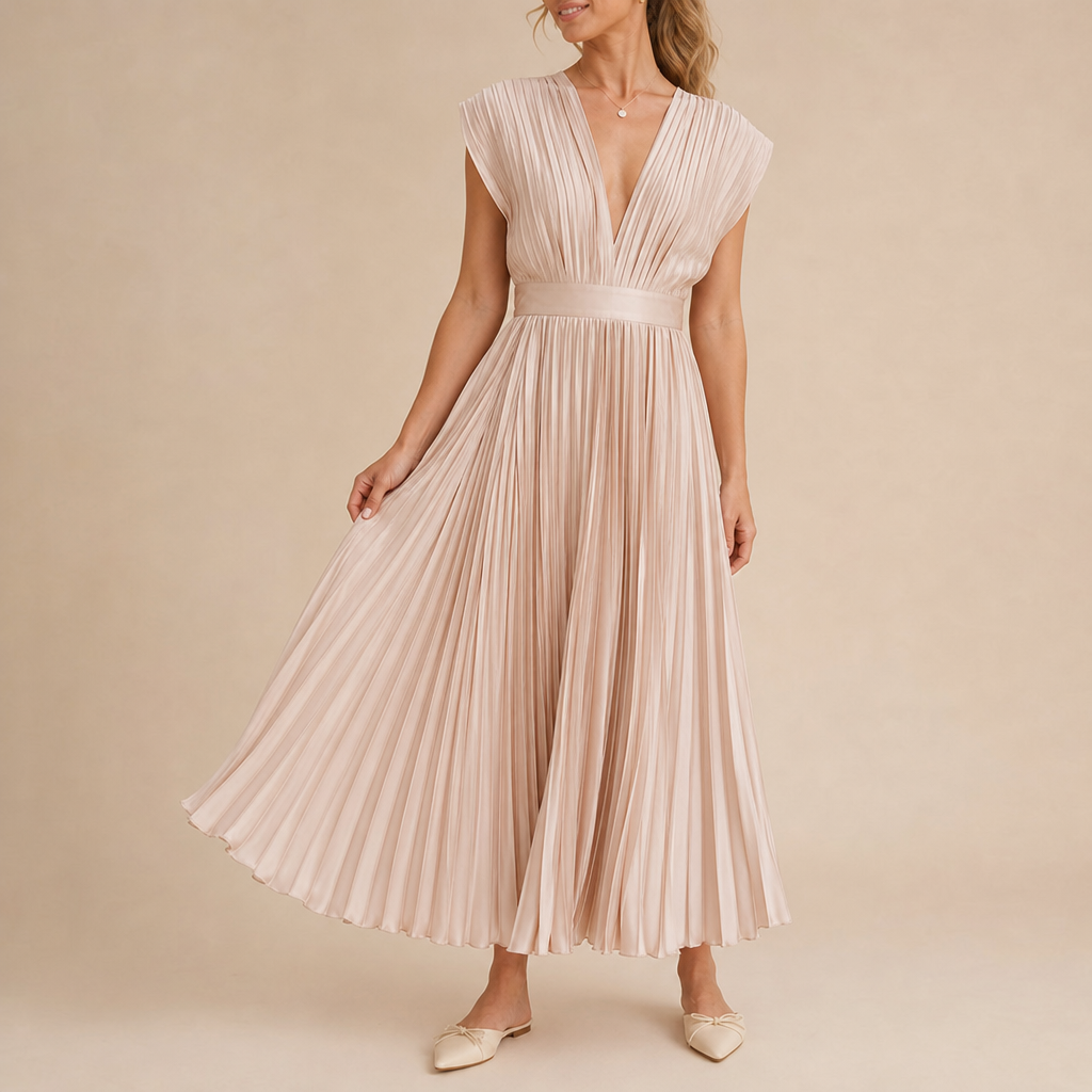 Zakynthos Pleated V-Neck Midi Dress in Champagne