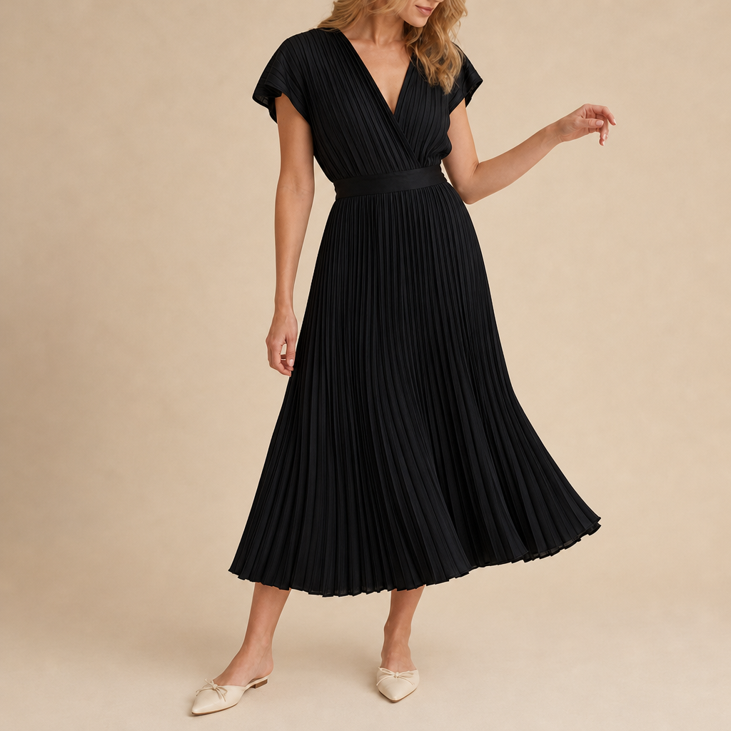 Zakynthos Pleated V-Neck Midi Dress in Black