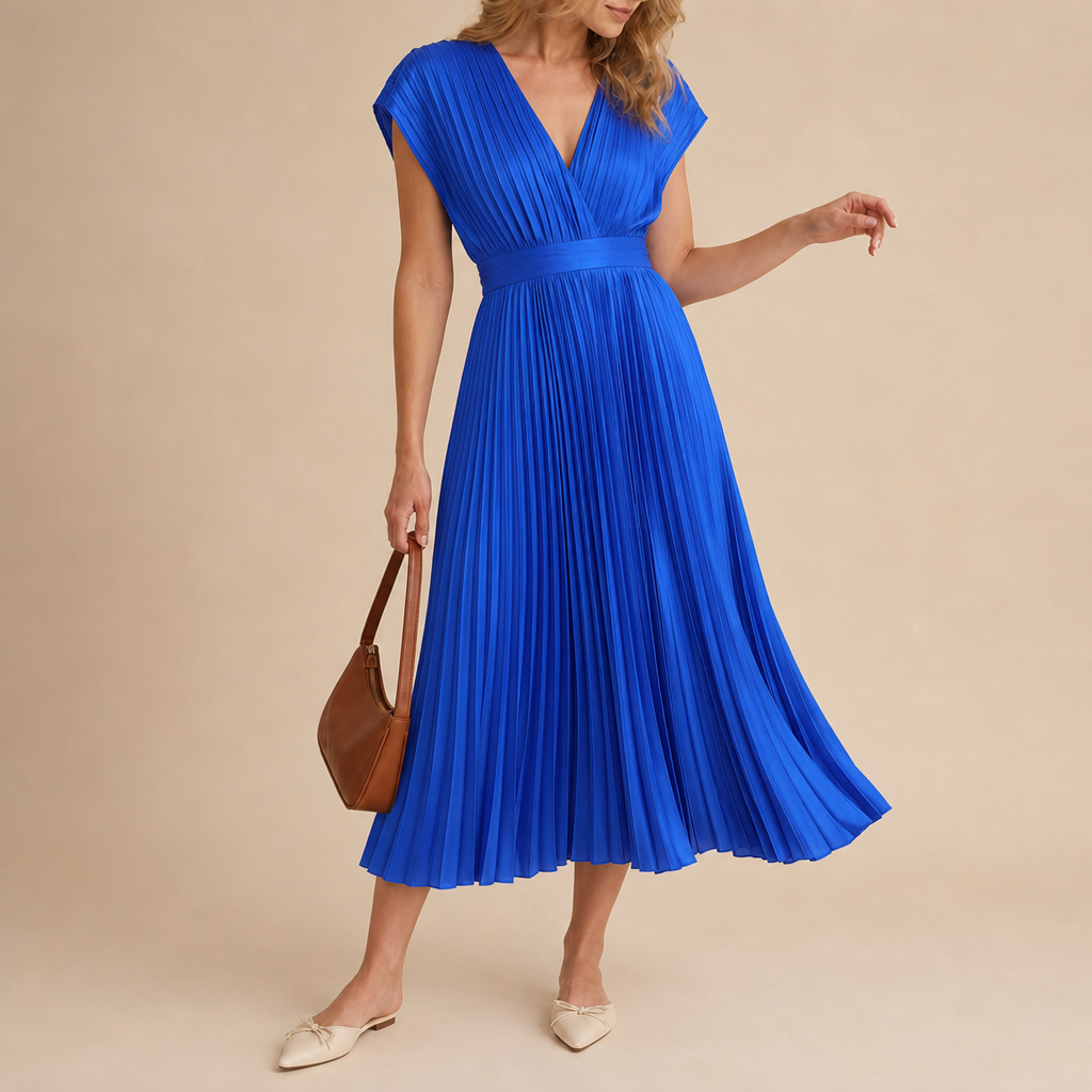 Zakynthos Pleated V-Neck Midi Dress in Blue