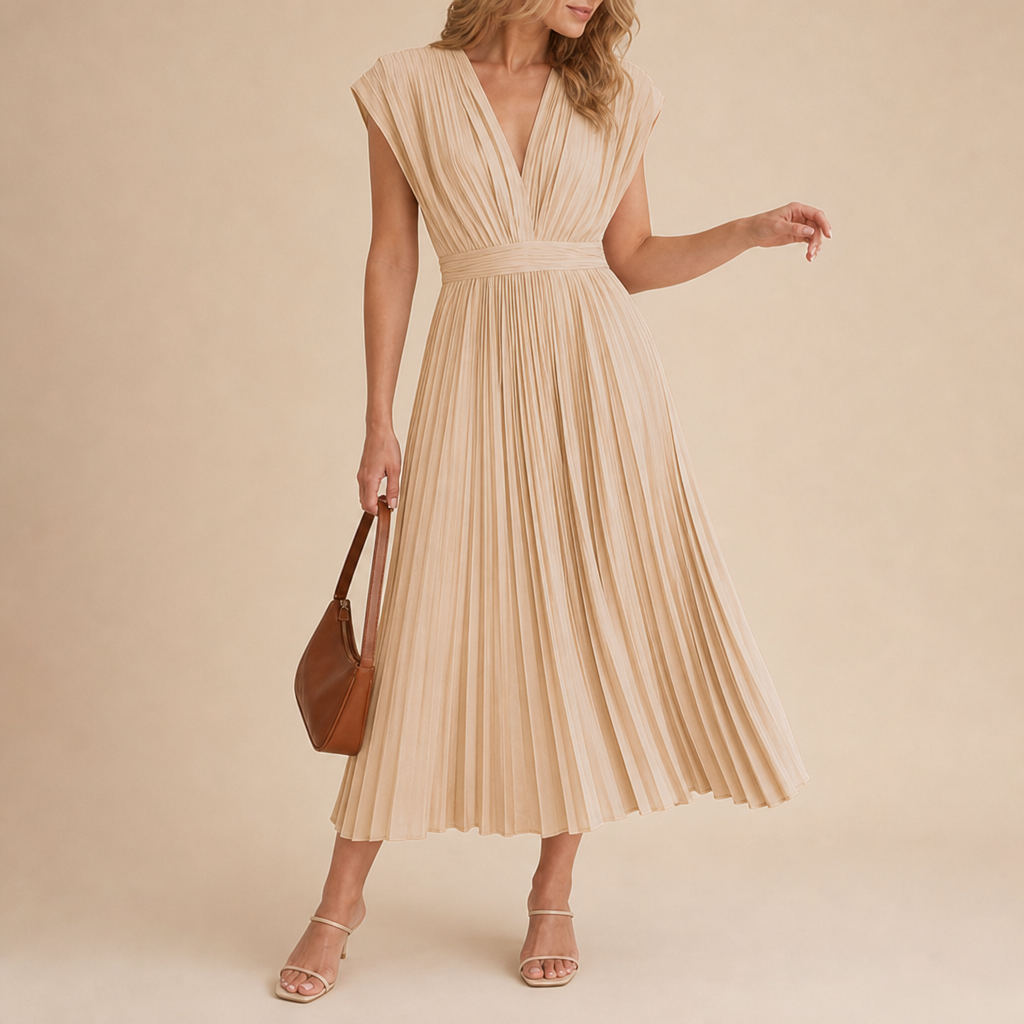 Zakynthos Pleated V-Neck Midi Dress in Beige