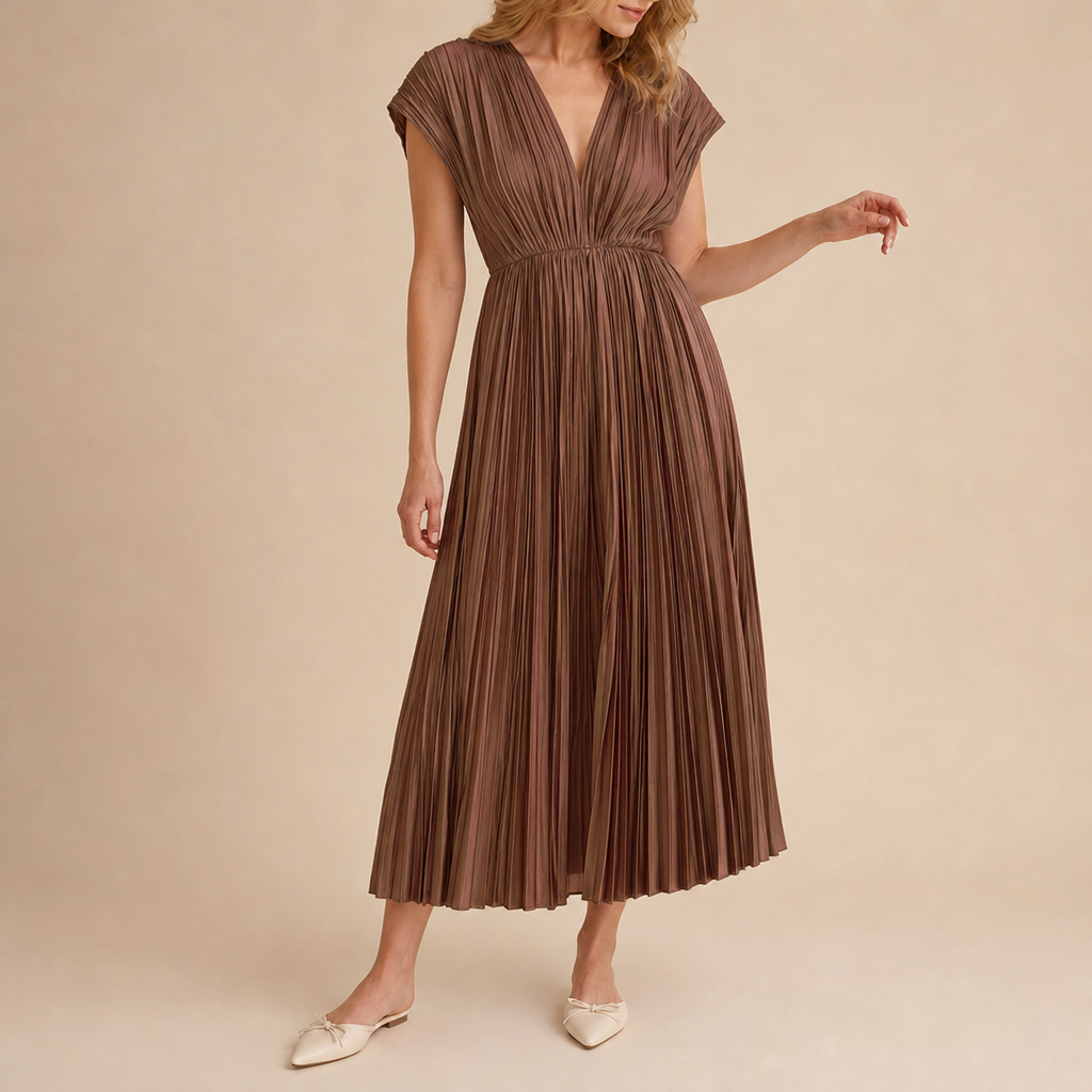 Zakynthos Pleated V-Neck Midi Dress in Brown