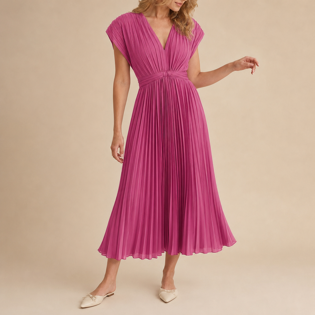 Zakynthos Pleated V-Neck Midi Dress in Pink