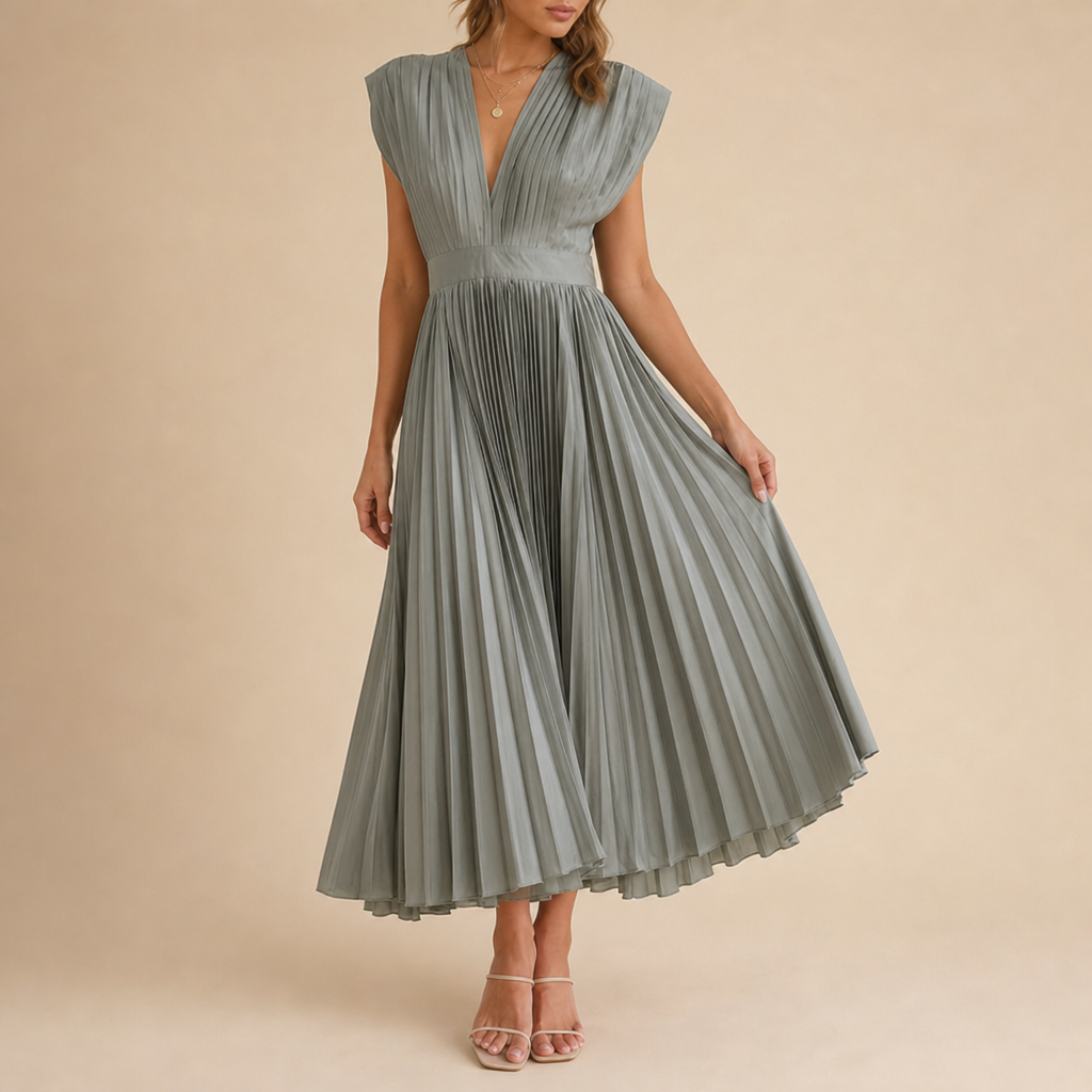 Zakynthos Pleated V-Neck Midi Dress in Gray